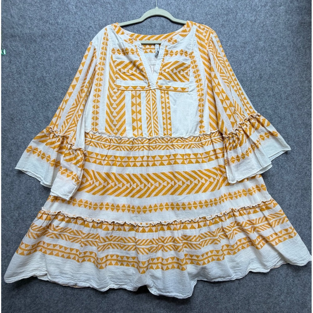 Belle Isle by Torrid Yellow White Geometric Tribal Tiered Ruffle Dress 2 Boho